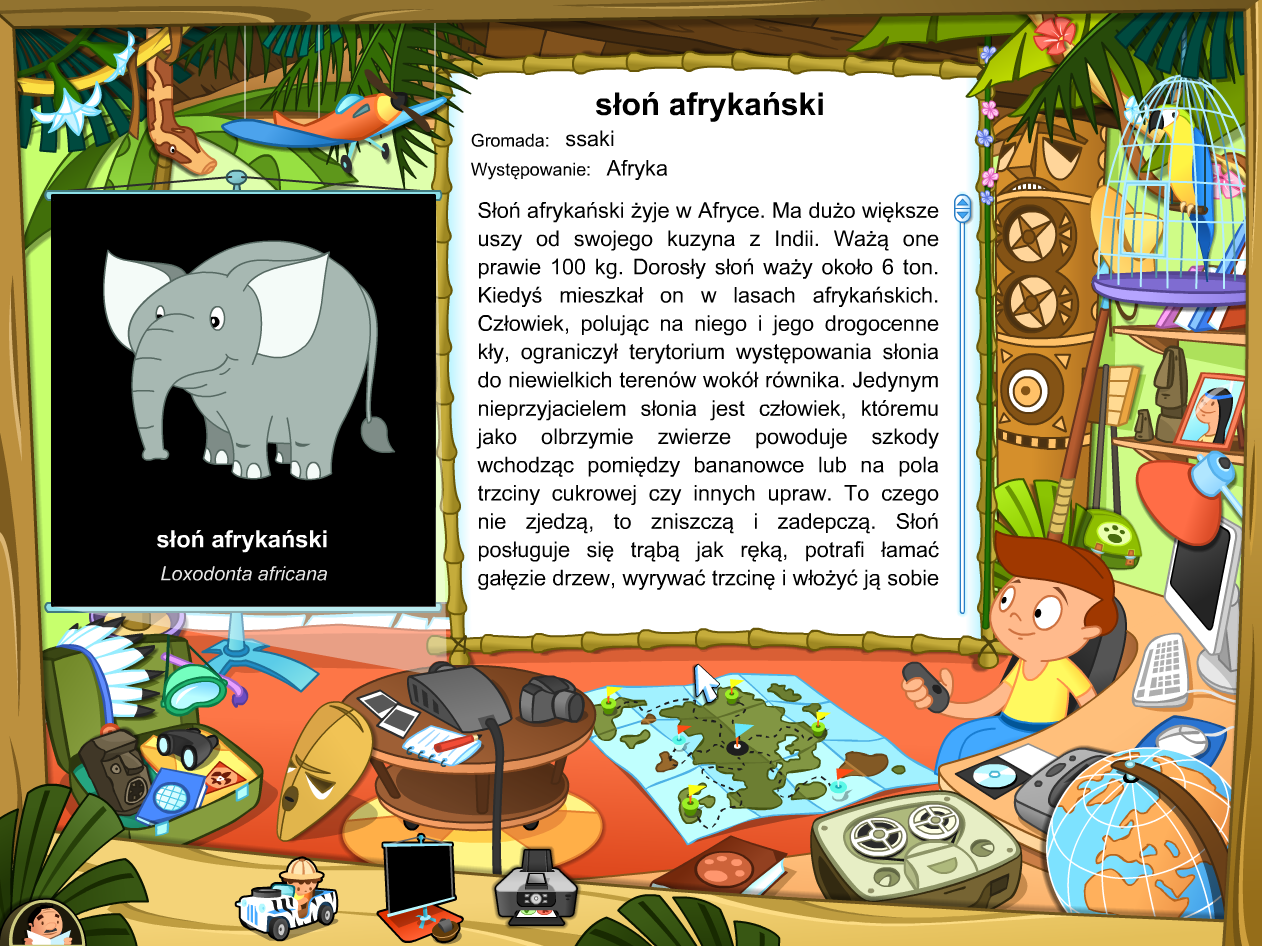 Encyklopedia Ta część zawiera opis, ilustracje i fotografie każdego spośród stu zwierząt. Na czarnej tablicy, w lewej części ekranu, dostępne są materiały wizualne.