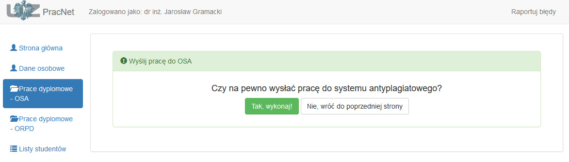 Rys.12 Moduł StudNet praca wysłana do Promotora Student może zapoznać się z aktualnym statusem swojej pracy. Zgodnie z rys.12 praca została wysłana do promotora.