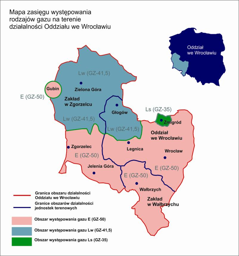 Rys. 2. Mapa zasięgu występowania różnych rodzajów gazu ziemnego na terenie działalności oddziału PSG we Wrocławiu Liczba odbiorców oraz zużycie gazu Gmina Skąpe zgazyfikowana jest w ponad 47%.