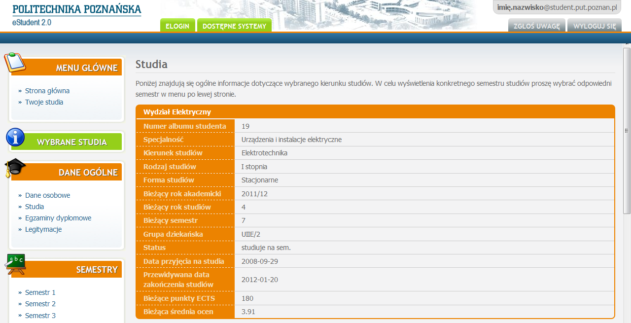 3.3.2. Studia Wybranie z menu funkcji STUDIA powoduje wyświetlenie przez system podstawowych informacji na temat wybranego kierunku studiów.