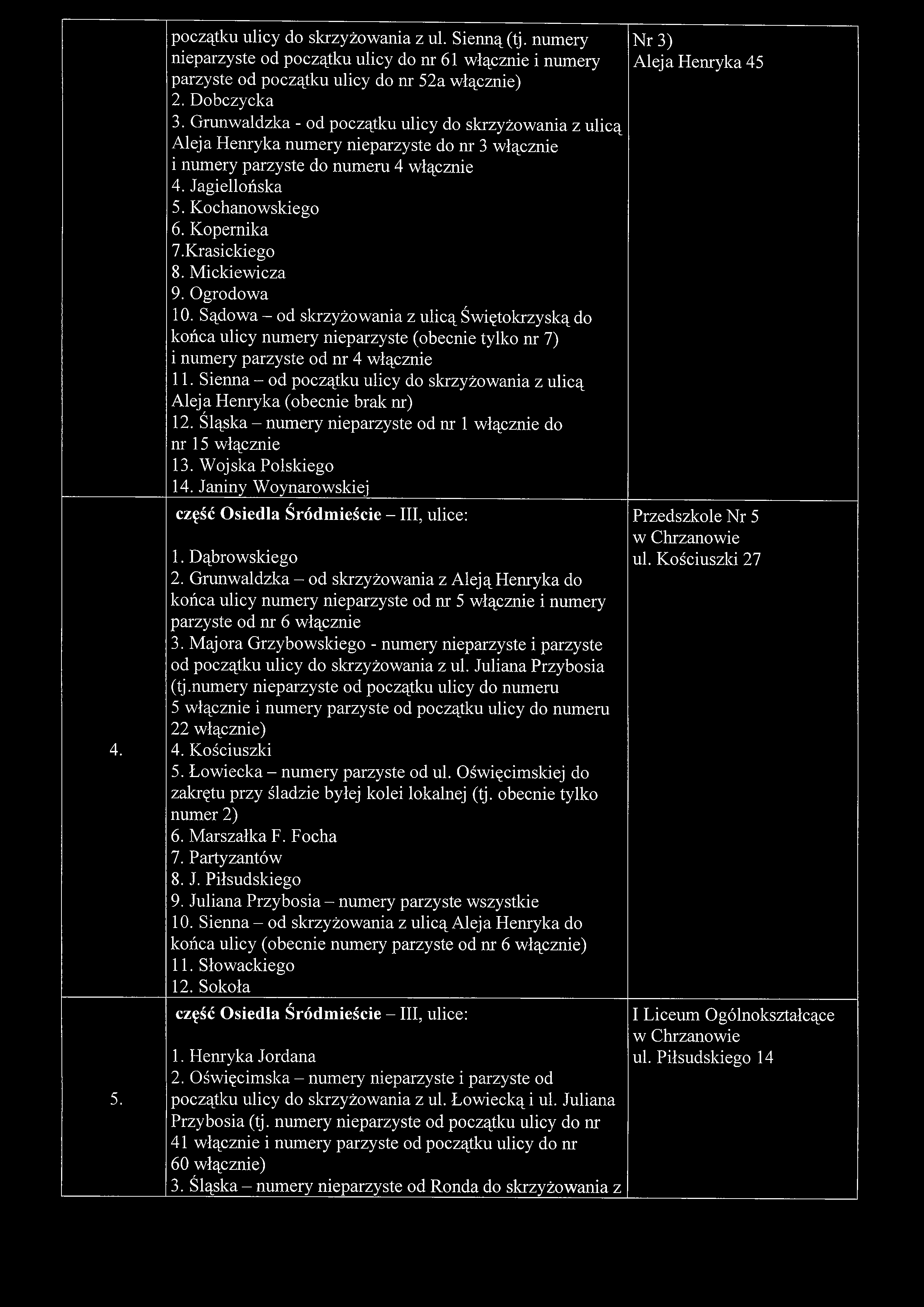 4. 5. początku ulicy do skrzyżowania z ul. Sienną (tj. numery nieparzyste od początku ulicy do nr 61 włącznie i numery parzyste od początku ulicy do nr 52a włącznie) 2. D obczycka 3.