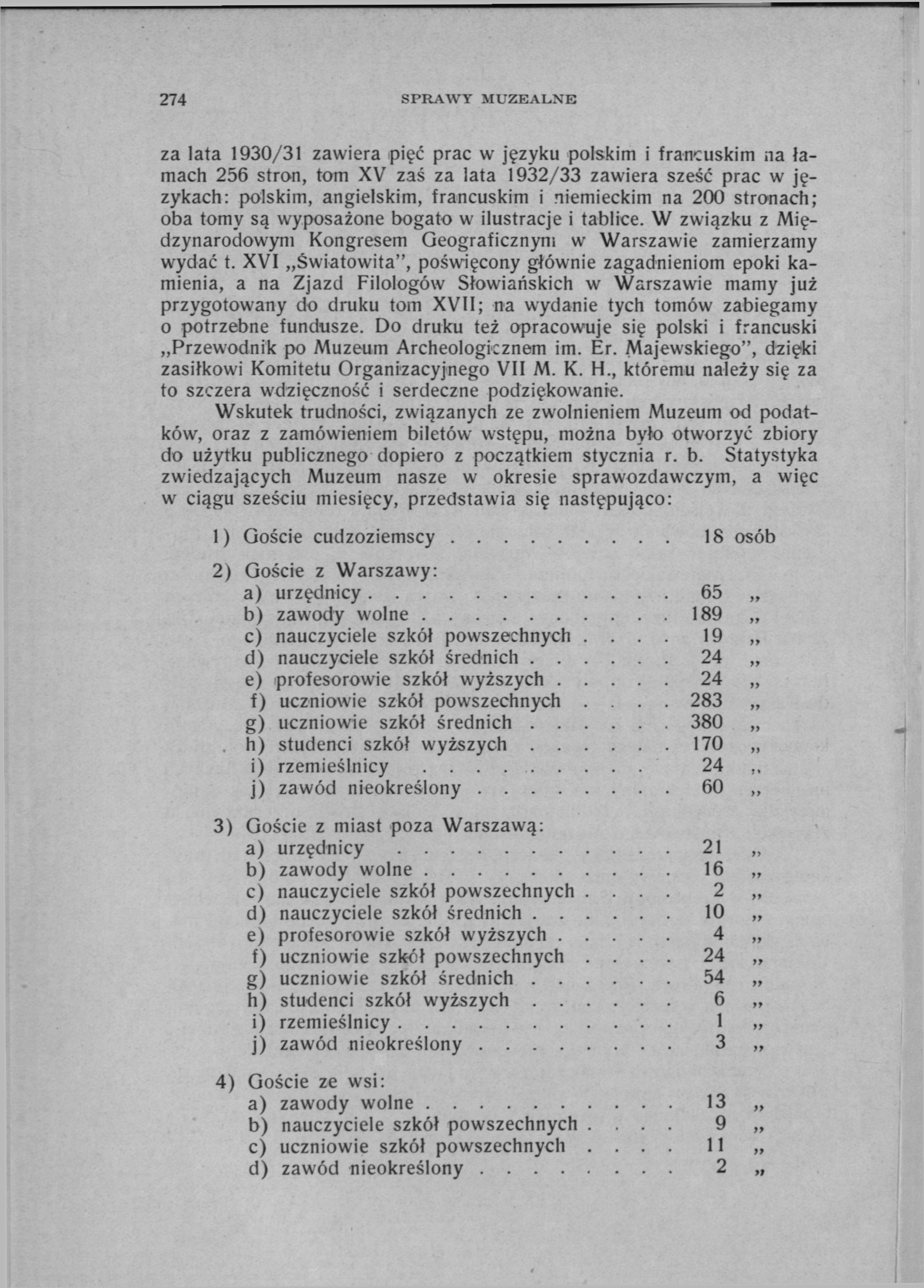 274 SPRAWY MUZEALNE za lata 1930/31 zawiera pięć prac w języku polskim i francuskim na łamach 256 stron, tom XV zaś za lata 1932/33 zawiera sześć prac w językach: polskim, angielskim, francuskim i