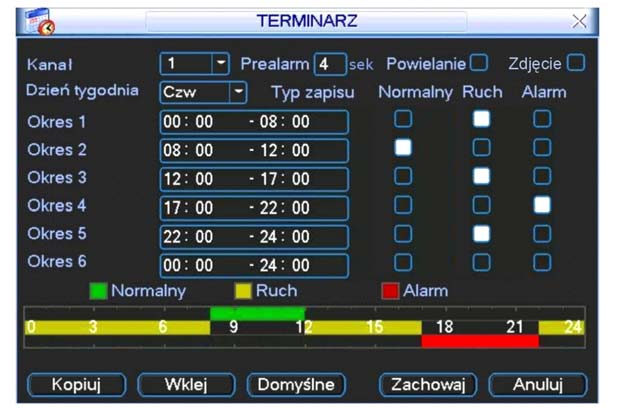 OBSŁUGA REJESTRATORA 4.4.2 Podstawowe operacje Na ekranie dostępnych jest 6 definiowanych okresów. Kanał Najpierw należy wybrać kanał, dla którego będzie definiowany terminarz.