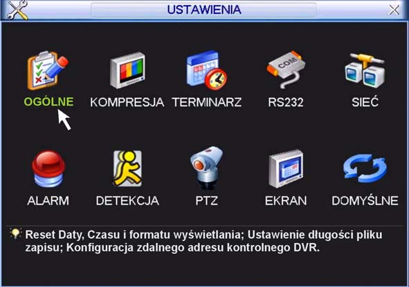 STRUKTURA MENU I OPIS DOSTĘPNYCH FUNKCJI 5.3 Ustawienia Rys. 5-1. Menu Główne. Po wejściu do menu Ustawienia, na ekranie pojawią się ikony, jak pokazano na rysunku 5-2.