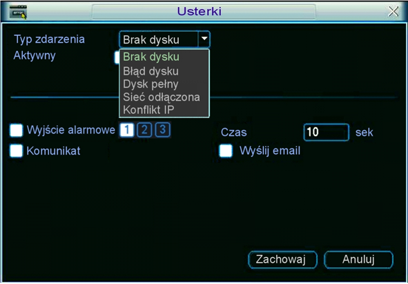 STRUKTURA MENU I OPIS DOSTĘPNYCH FUNKCJI Wyjście alarm. Komunikat Wyślij email Nagr. Kanał Rys. 5-24. Menu Usterki. Tu definiujemy, czy po wystąpieniu zdarzenia ma być aktywne wyjście alarmowe.