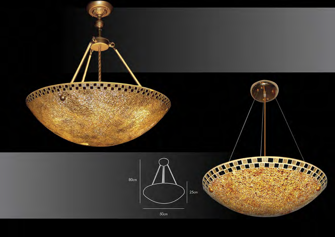 Lampa kolekcja SANTORINI Index: 11649 Materiał: Szkło mosaica, metal Kolor: Złoty Liczba źródeł światła: 6 Żarówka/Napięcie/Moc: 6*E27/220-240 V/60W Wymiar: wys. 75cm śr.