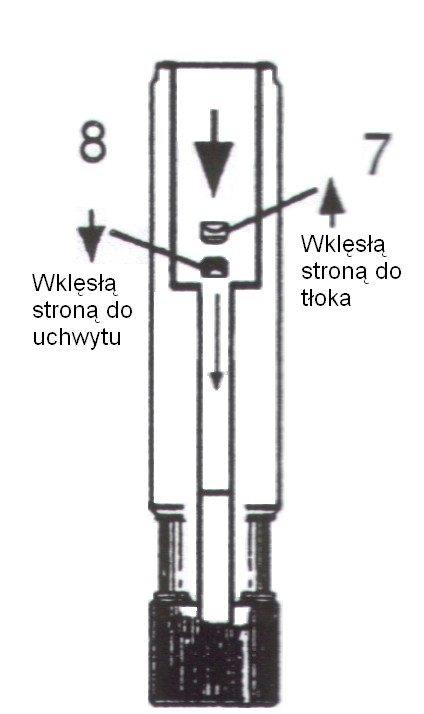 3.3.3 Włożyć wąski śrubokręt (9) (rys.4) lub pręt o średnicy ołówka w mały otwór siłownika w celu wypchnięcia uszczelniaczy (6) i (7), tłoczka (8) oraz oleju z cylindra.