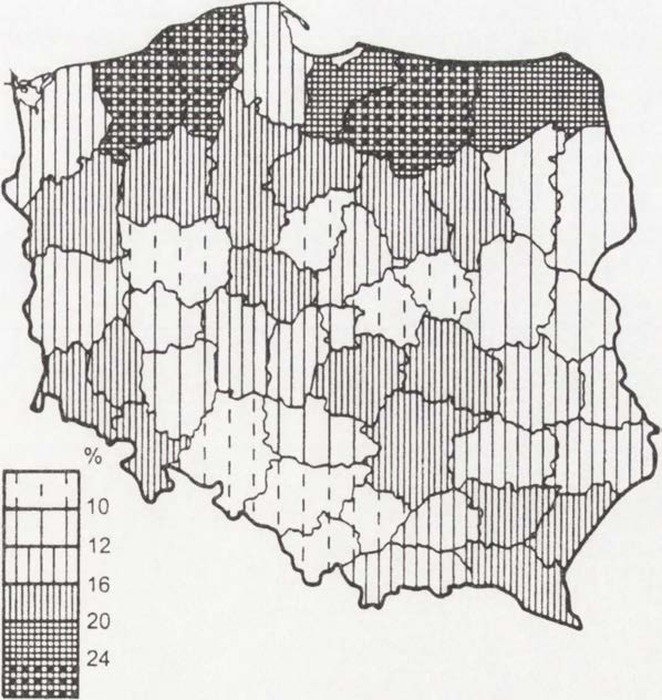 51 Rye. 17. Liczba i udział bezrobotnych mieszkańców wsi w ogólnej liczbie bezrobotnych w 1995 r.
