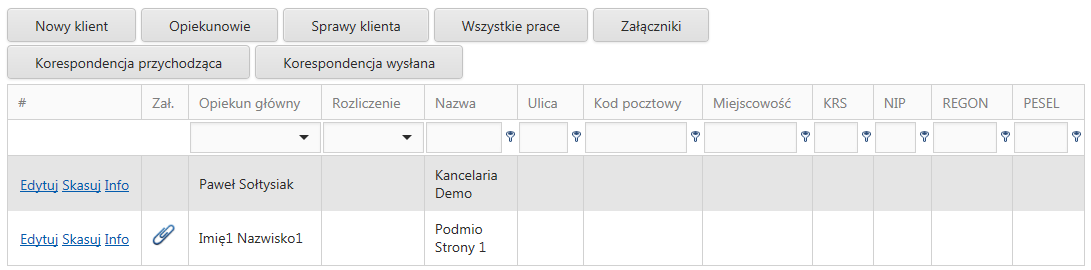 W górnej części ekranu, użytkownik ma menu z dostępnymi dla niego operacjami. Poniżej znajduje się ekran operacji, w tym przypadku Lista podmiotów z którymi pracuje kancelaria.