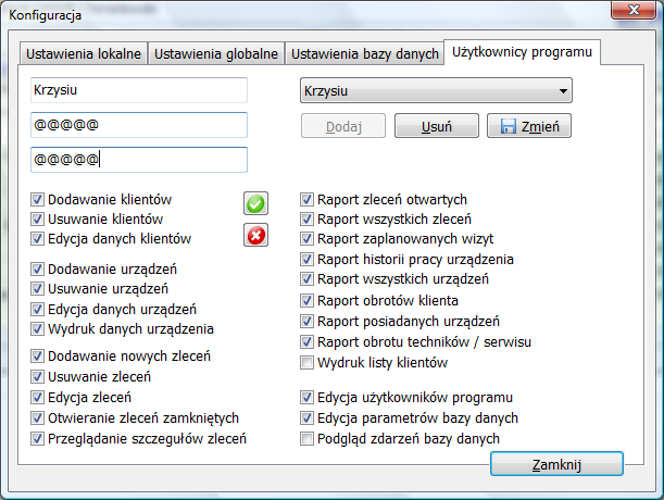 Zarządzanie kontami użytkowników programu. Menadżer Serwisu posiada zabezpieczenie uruchomienia programu poprzez tworzone konta oraz nadawanie im haseł.