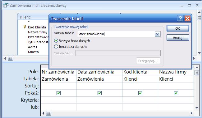 30. Przykład kwerendy tworzącej tabelę Przykład. Chcemy zarchiwizować stare zamówienia. W tym celu utworzymy tabelę Stare zamówienia, aby przechować w niej zamówienia złożone w 2007 roku. 1.