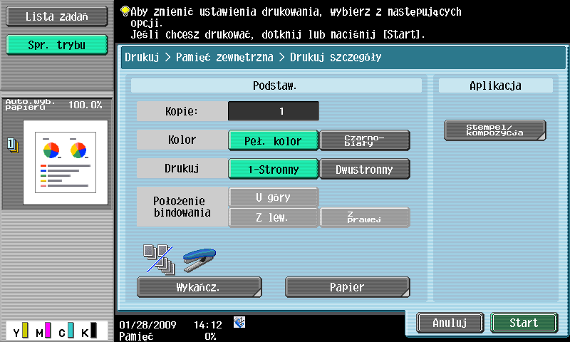 2.8 Korzystanie z pamięci zewnętrznej 2 3 Sprawdzić ustawienia drukowania. % Kiedy dokument jest drukowany, możliwe jest dokonanie zmian ustawień wydruku.