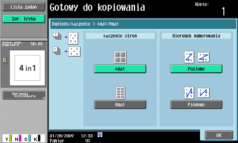 3.2 Ograniczenie zużycia papieru podczas kopiowania 3 Jeśli wybrane zostało "4na1" lub "8na1", wybrać można ułożenie stron.