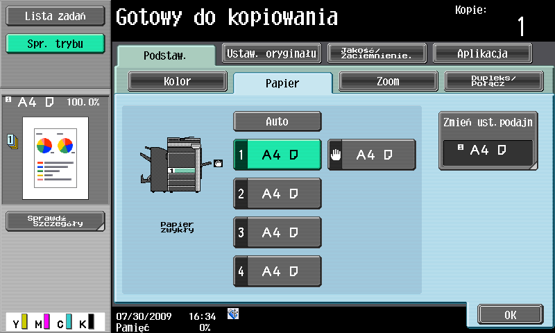 3 Drukowanie kopii w powiększeniu/zmniejszeniu na papierze o innym formacie Odniesienie - Jeśli wybrane zostanie ustawienie Zoom [Auto], ustawienie papieru [Auto] nie może być wybrane.