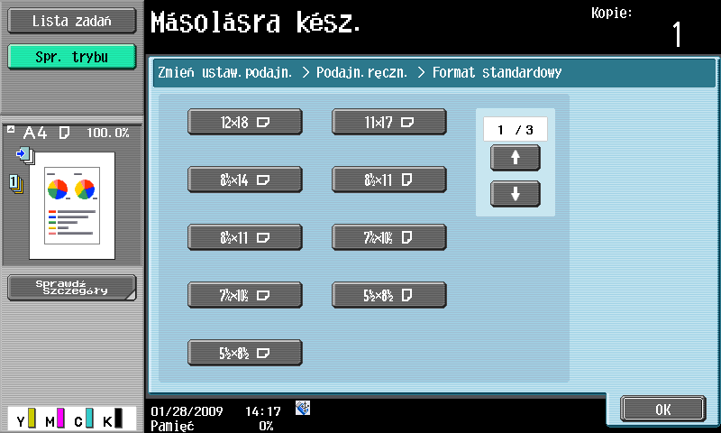 3 Kopiowanie na kopertach 3.10 2 Określić rodzaj i format papieru. % Jeśli załadowano koperty, należy wybrać [Koperta] jako ustawienia Rodzaju papieru.