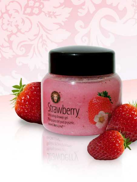 FRUIT Strawberry Exfoliating shower gel Truskawka Peelingujący żel pod prysznic Pilingujący żel pod prysznic z nasionami i wyciągiem z owoców truskawki oraz olejkiem Monoi de Tahiti.