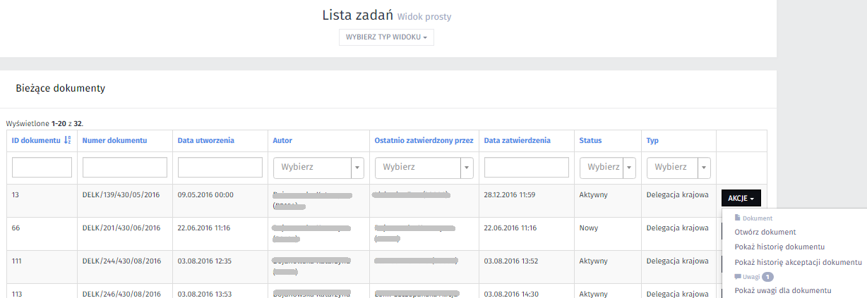 Utworzony dokument delegacji krajowej system automatycznie zapisuje na Liście zadań użytkownika. System domyślnie, po dodaniu nowego dokumentu otwiera użytkownikowi sekcję Lista zadań - widok prosty.