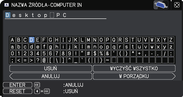 Menu EKRAN Funkcja NAZWA ŹRÓDŁA (ciąg dalszy) SZABLON Opis (6) Nazwa bieżąca wyświetlona zostanie w pierwszym wierszu.