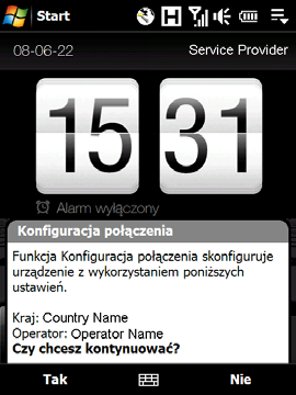 Skrócony przewodnik 13 Konfiguracja połączeń transmisji danych Po uruchomieniu urządzenia użytkownik zostanie zapytany, czy połączenia transmisji danych mają zostać skonfigurowane automatycznie.