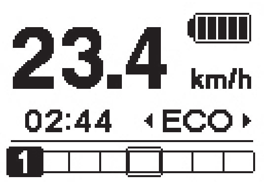 Wyświetlacz komputera rowerowego i ustawienia Wyświetlacz podstawowy komputera rowerowego (D) (C) (E) (F) Wyświetlacz pokazuje bieżącą prędkość. Zegar Wyświetla bieżący czas.