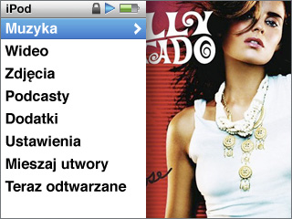 Używanie menu ipoda nano Po włączeniu ipoda nano na ekranie pojawi się główne menu. Aby wykonać działania lub przejść do następnych menu, wybieraj pozycje menu.