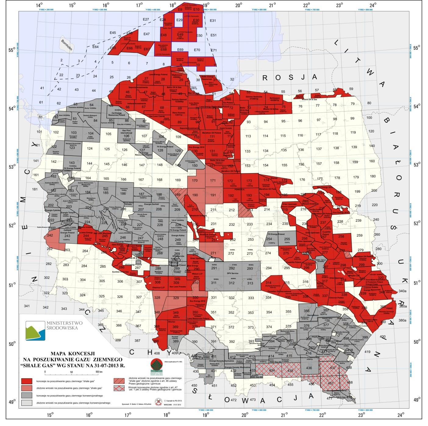 Rys.5. Mapa koncesji na poszukiwanie i rozpoznawanie gazu łupkowego (1.07.2013) Bielsk Podlaski Źródło: http://www.mos.gov.