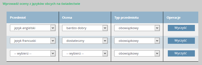 Przeglądanie danych kandydata w kolejnym logowaniu Jeśli kandydat nie ma oceny z religii/etyki lub zachowania na świadectwie, należy pozostawić pole Ocena niewybrane.