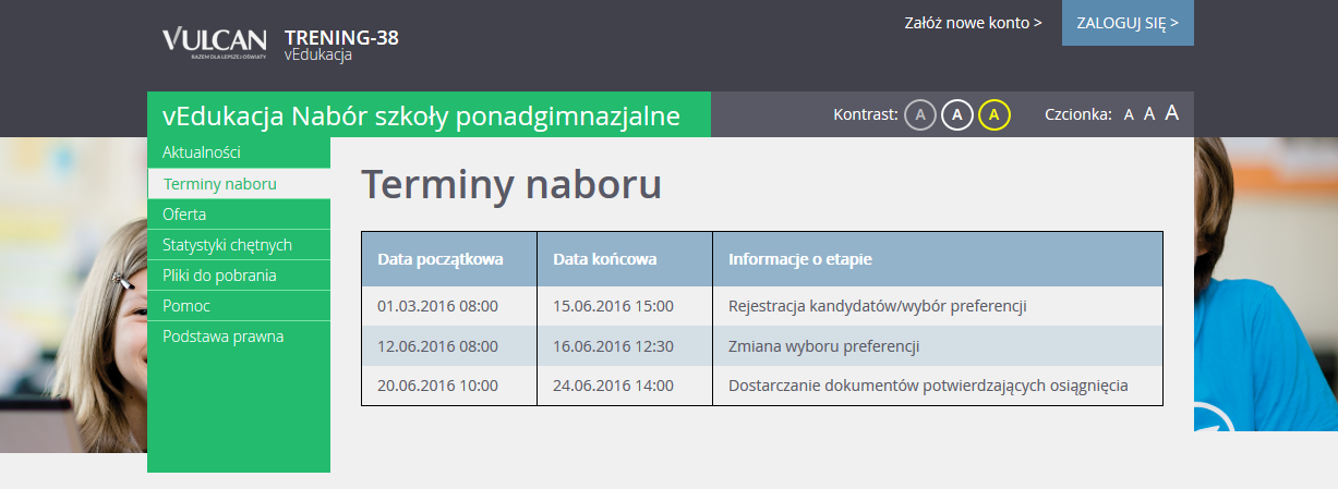 Podstawowe informacje o systemie Nabór Szkoły ponadgimnazjalne o zalogowanym użytkowniku znajdują się przyciski do zmiany wyglądu aplikacji na wersję o podwyższonym kontraście oraz zwiększenia