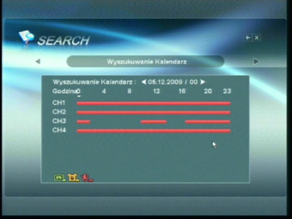 Po wybraniu odpowiedniego dnia zostaje wyświetlony jego podział dobowy wraz z kolorystycznym oznaczeniem nagrań w poszczególnych godzinach, gdzie kolory oznaczają: zielony nagrywanie ciągłe żółty