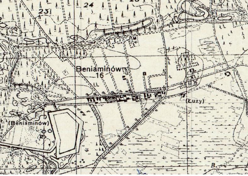 BENIAMINÓW Ryc. 8. Michałów - Grabina w 1942 r. Źródło: mapywig.org Historia Beniaminowa niewątpliwie związana jest z fortem mieszczącym się przy drodze powiatowej Białobrzegi Radzymin.