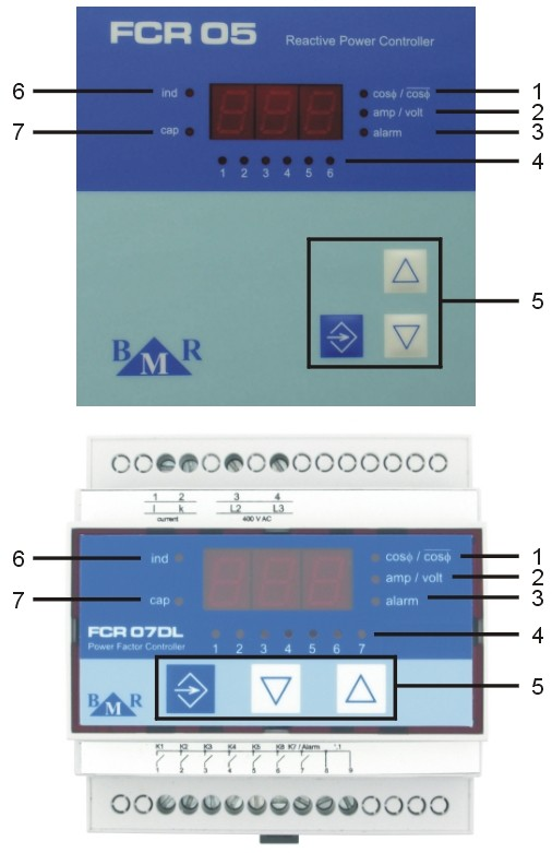 Regulator mocy biernej INSTRUKCJA OBSŁUGI FCR 05 FCR 07 FCR 05 DL FCR 07 DL Ver. 080505 1510 Widok i opis panela regulatora Rys.