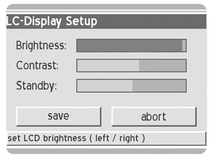 8. Główne menu 8.2.4 LCD W tym miejscu znajdują się ustawienia wyświetlacza Dreamboxa. Tutaj ustawia się jasność, kontrast oraz jasność dla pozycji Standby.