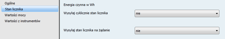 Uruchamianie 3.2.2 Okno parametrów Stan licznika W tym oknie parametrów ustala się zachowanie podczas wysyłania stanów licznika.