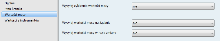 Uruchamianie 3.2.3 Okno parametrów Wartości mocy W tym oknie parametrów ustala się zachowanie podczas wysyłania wartości mocy.