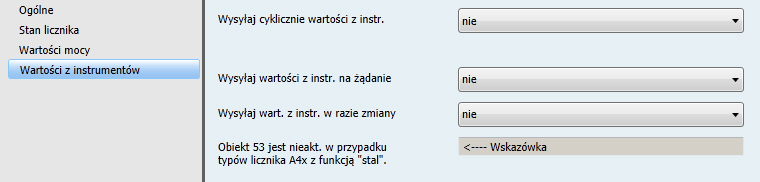 Uruchamianie 3.2.4 Okno parametrów Wartości z instrumentów W tym oknie parametrów ustala się zachowanie podczas wysyłania wartości z instrumentów.