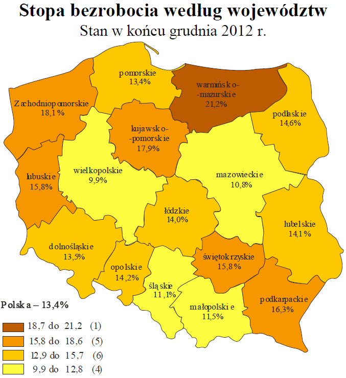Stopa bezrobocia w kraju i województwie Stopa bezrobocia w Polsce na koniec 2012 wynosiła 13,4% i była o 0,9% wyższa niż w końcu 2011r. W Małopolsce wyniosła 11,5% i w 2012r.