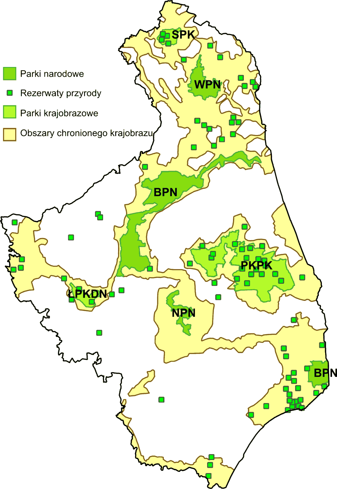 - 3 parki krajobrazowe, - 15 obszarów chronionego krajobrazu, - 2 stanowiska dokumentacyjne, - 278 użytków ekologicznych, - 2 076 pomników przyrody - 1 zespół przyrodniczo-krajobrazowy. Mapa 1.4.-1.