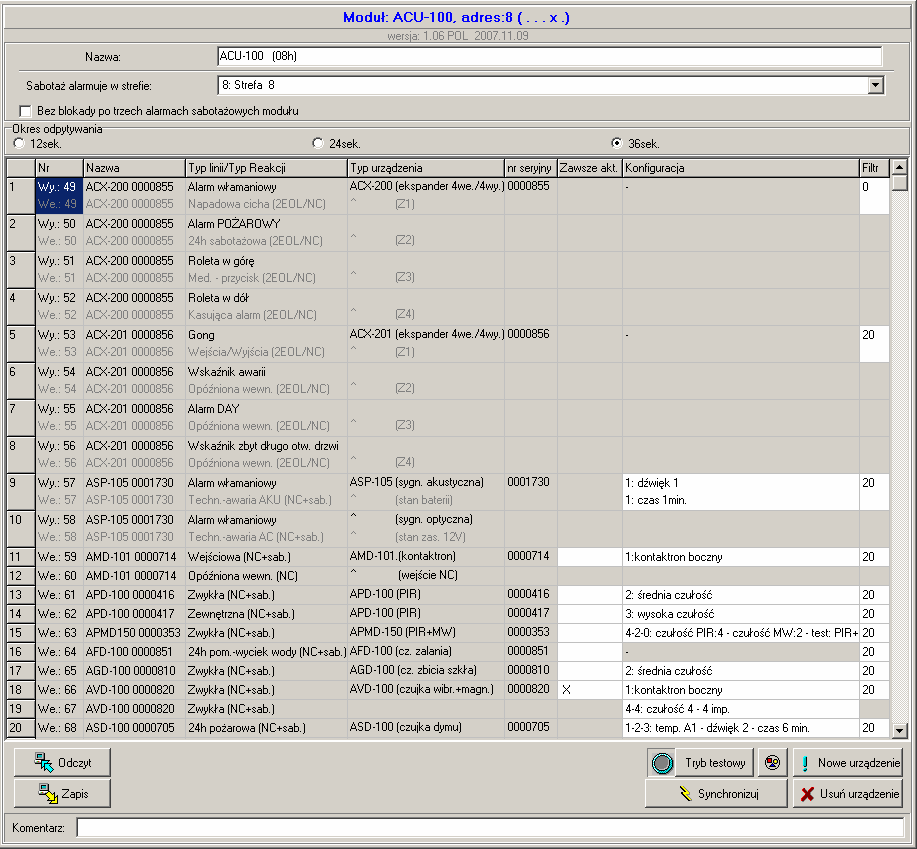 ACU-100 SATEL 35 2. Kliknąć myszką na ikonę otworzy się okno ukazujące strukturę systemu alarmowego. 3. Wybrać zakładkę Sprzęt, a następnie na liście urządzeń wskazać kontroler systemu bezprzewodowego.