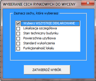 Możemy wybrać cechy rynkowe do wyceny korzystając z formularza.