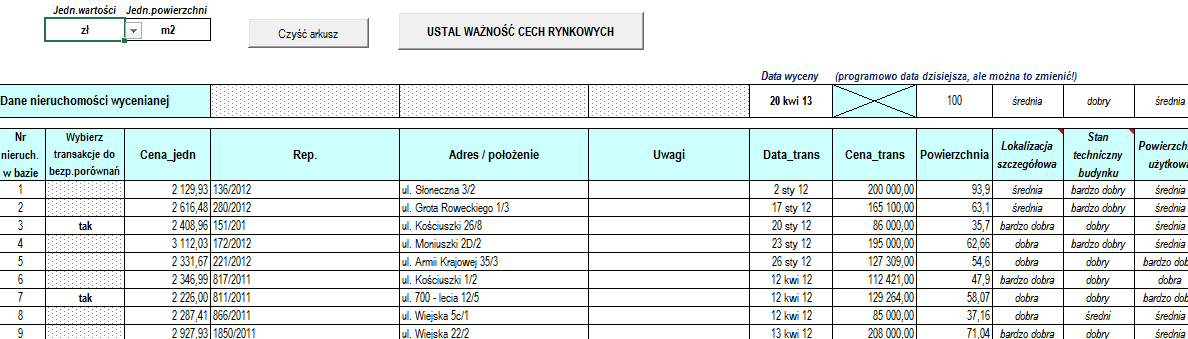 Wybieramy też parametry nieruchomości szacowanej Wpisując