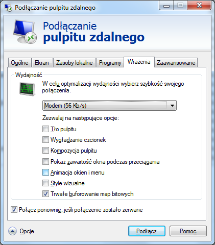 4.1.2 Parametry graficzne w połączeniu zdalnego pulpitu Znaczący wpływ na ilość zajętego pasma sieciowego przez połączenie pulpitu zdalnego mają parametry związane z graficznymi efektami w ramach