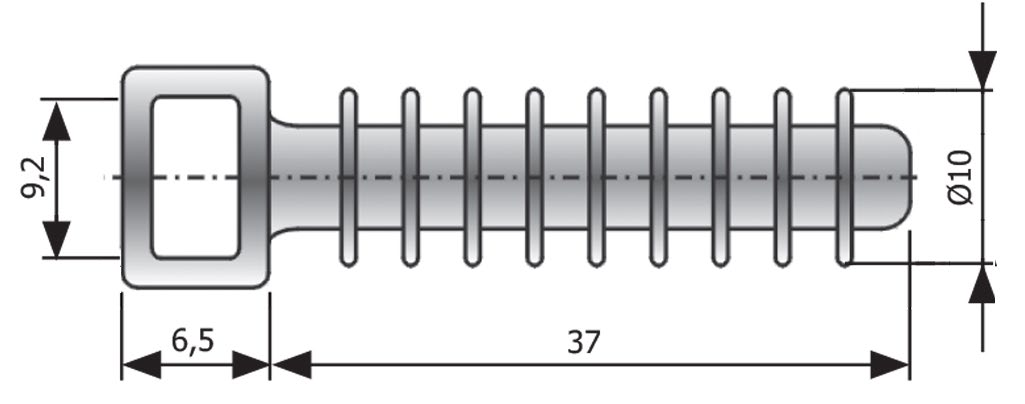 Element mocujący typu D6 Materiał poliamid 6; UL 94 V2 przez zatrzaśnięcie w otworze Ø6,3; grubość elementu konstrukcyjnego od 0,8 do 3 mm przez zatrzaśnięcie w otworze Maks.