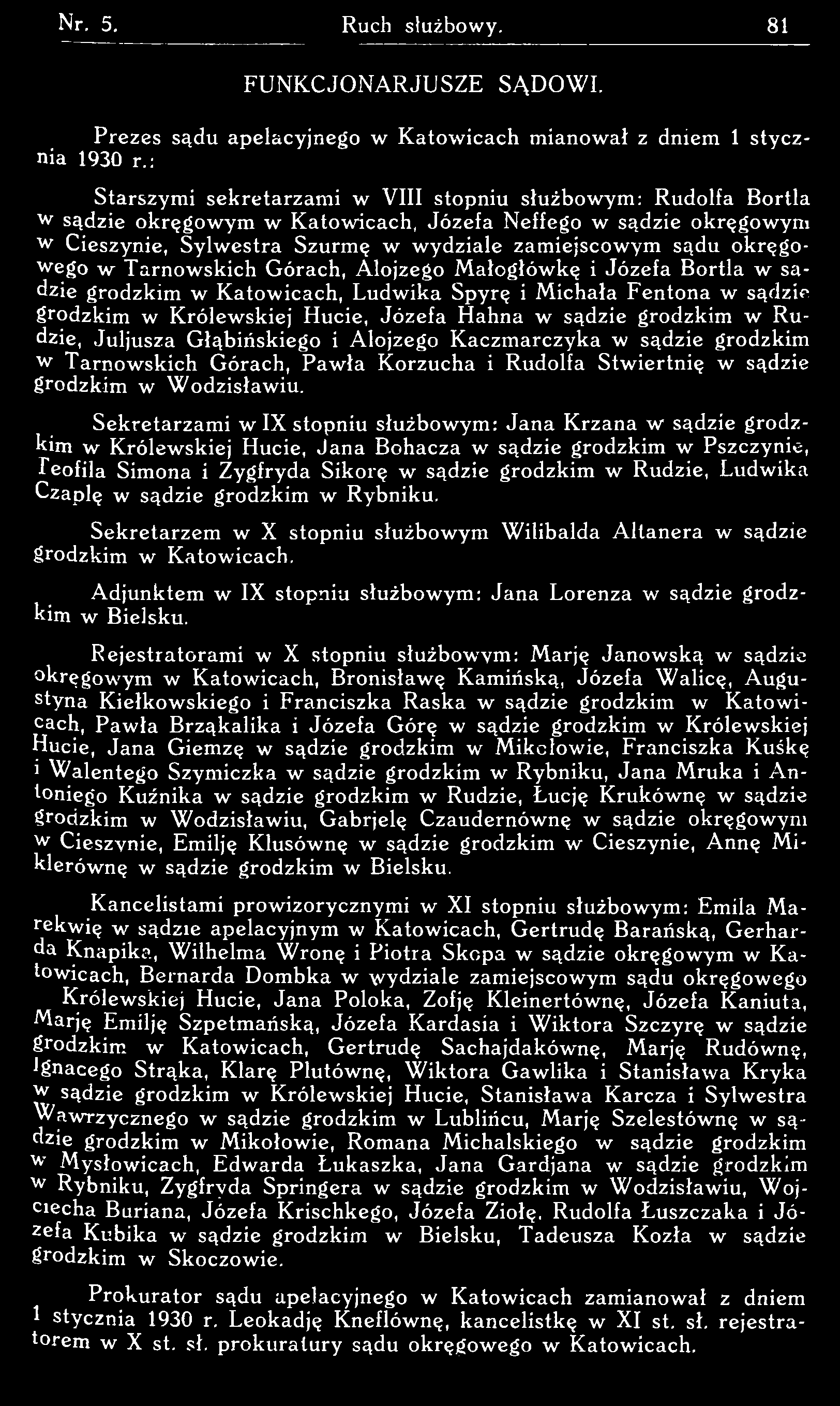 FUNKCJONARJUSZE SĄDOW I. Prezes sądu apelacyjnego w K atow icach mianował z dniem 1 stycznia 1930 r.