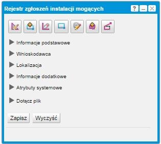 Rys. 7 Rejestr zgłoszeń instalacji 3. Użytkownik wprowadza geometrię, uzupełnia atrybuty (przynajmniej obowiązkowe), dodaje załącznik (opcjonalne) i zapisuje obiekt (przycisk "Zapisz"). 4.