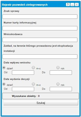 Rys. 12 Rejestr pozwoleń zintegrowanych 3. Użytkownik wybiera kryteria wyszukiwania i wpisuje szukane wartości. 4. Wyszukanie obiektów spełniających określone kryteria.