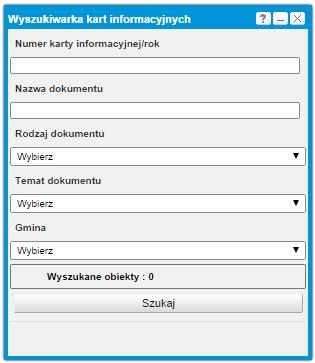 Rys. 15 Wyszukiwarka kart informacyjnych 3. Użytkownik wybiera kryteria wyszukiwania i wpisuje szukane wartości. 4. Wyszukanie obiektów spełniających określone kryteria.