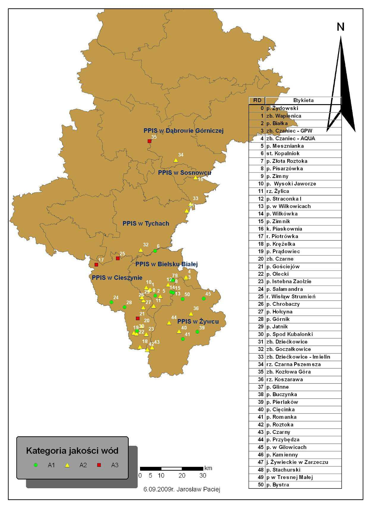 Mapa nr 1. Kategorie jakości wody (poza terenem nadzorowanym przez PPIS w śywcu z powodu braku określenia współrzędnych geograficznych).