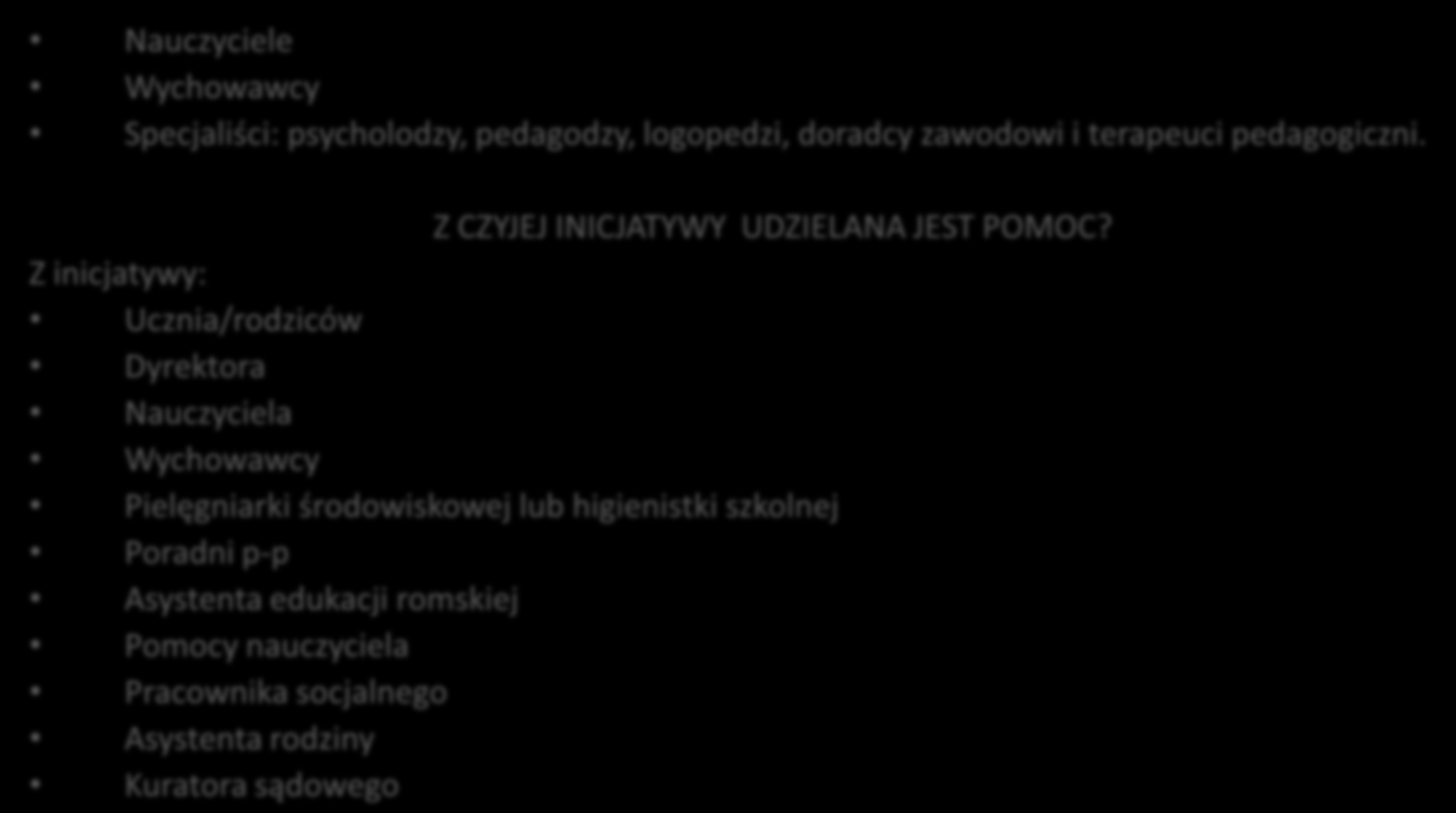 KTO UDZIELA POMOCY PSYCHOLOGICZNO- PEDAGOGICZNEJ? Nauczyciele Wychowawcy Specjaliści: psycholodzy, pedagodzy, logopedzi, doradcy zawodowi i terapeuci pedagogiczni.