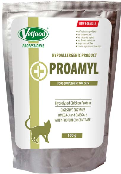 Odżywki białkowe Proamyl for Cat Proamyl for Cat stanowi dodatek uzupełniający do karmy dla kotów, będący źródłem wysokiej jakości białka pokarmowego, tauryny, enzymów trawiennych oraz