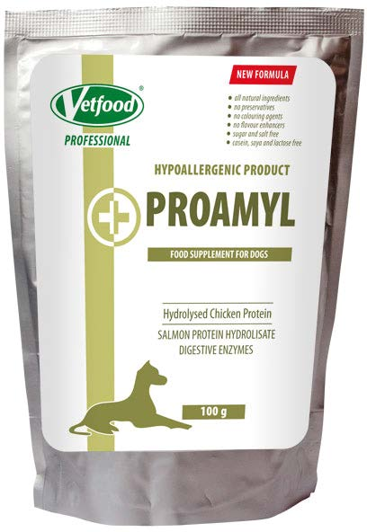 Odżywki białkowe Proamyl for Dog Proamyl for Dog to dodatek uzupełniający do karmy dla psów, będący źródłem wysokiej jakości białka pokarmowego, enzymów trawiennych oraz inuliny.